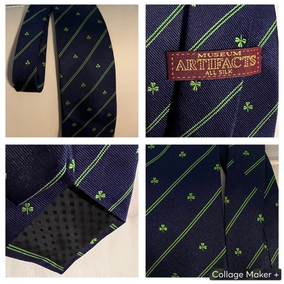 Museum Artifacts 100% Silk Navy Blue Tie with Stripes/Green Shamrocks - Picture 5 of 5